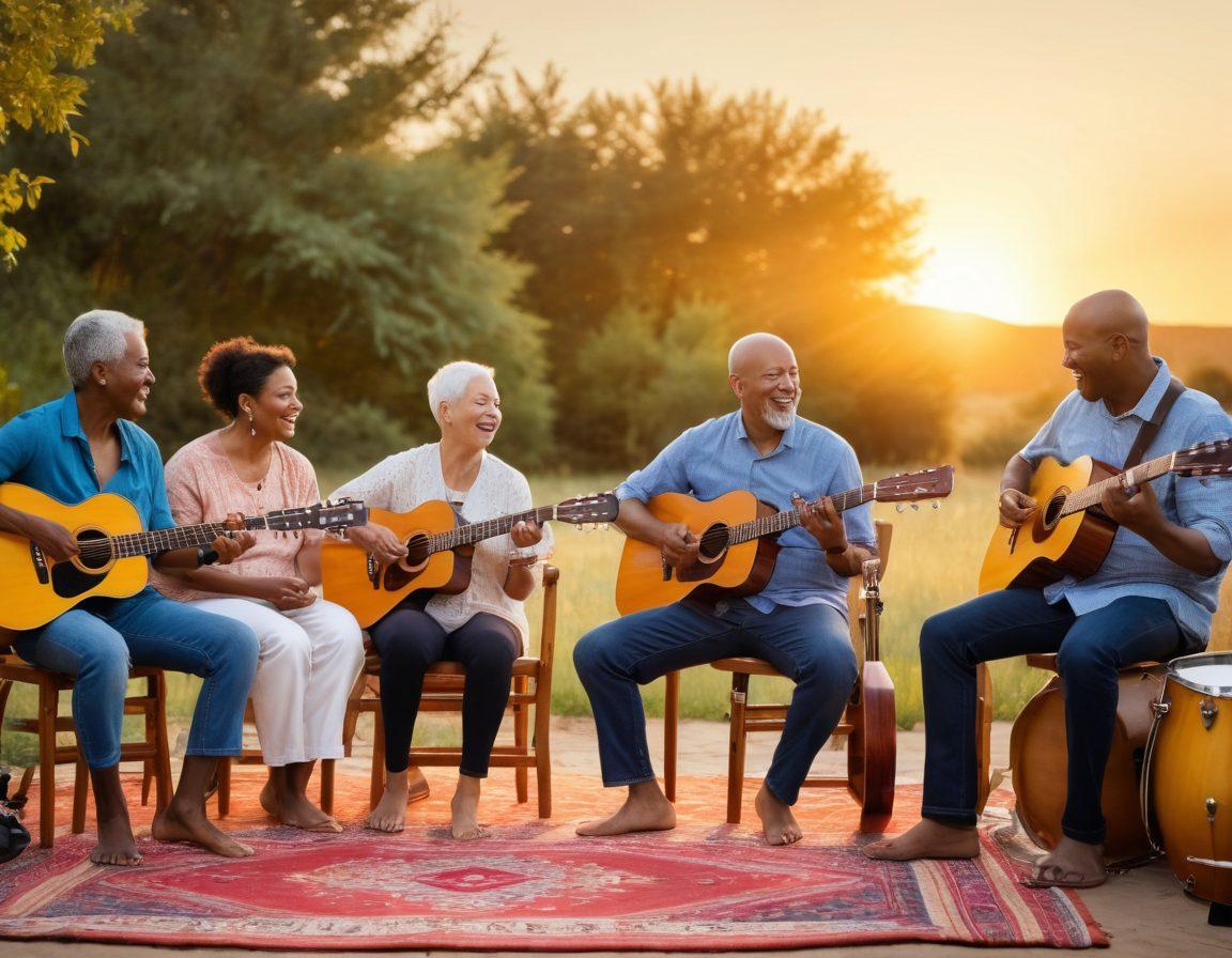 A serene scene depicting a diverse group of cancer patients engaged in a joyful music therapy session, surrounded by instruments like guitars and drums. The sun is setting in the background, casting a warm glow, symbolizing hope and healing. People of various ages and ethnicities are smiling and singing together, reflecting the power of music in overcoming adversity. Soft, flowing colors create a soothing atmosphere. vibrant colors. super-realistic.