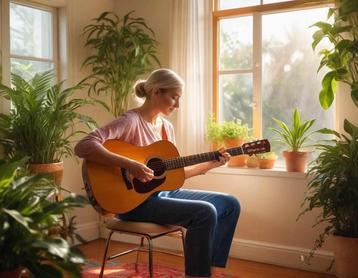 A serene scene depicting a music therapist gently playing a guitar for a cancer patient in a sunlit room filled with plants and soft colors. The patient, visibly relaxed and inspired, is absorbing the calming ambiance, surrounded by musical notes floating in the air that symbolize hope and healing. Include a rainbow effect in the background to embody transformation and positivity. super-realistic. vibrant colors. soft lighting.