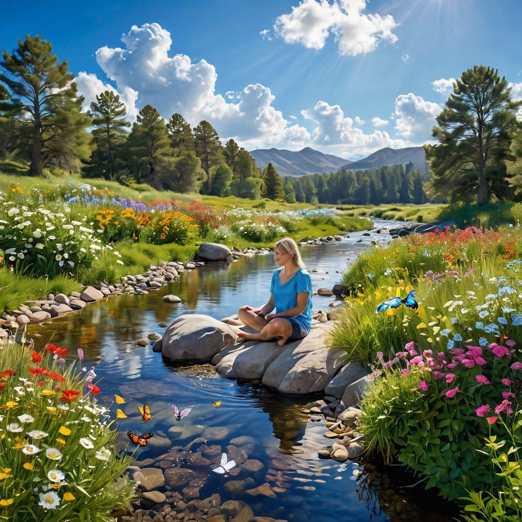 A serene landscape with a sunlit meadow and a gentle stream, where a cancer survivor sits cross-legged, enveloped by waves of colorful sound vibrations symbolizing healing. Surrounding them are blooming flowers and fluttering butterflies, representing transformation and hope. The background showcases a clear blue sky with soft, radiant clouds. super-realistic. vibrant colors. peaceful atmosphere.